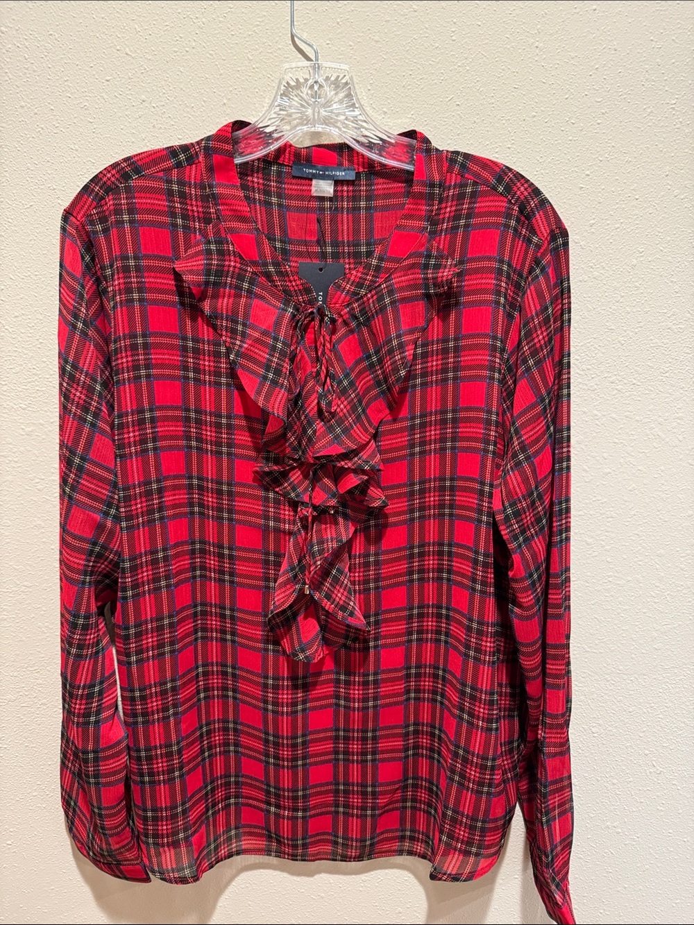 Tommy Hilfiger Red and Black Plaid Ruffle Front Blouse